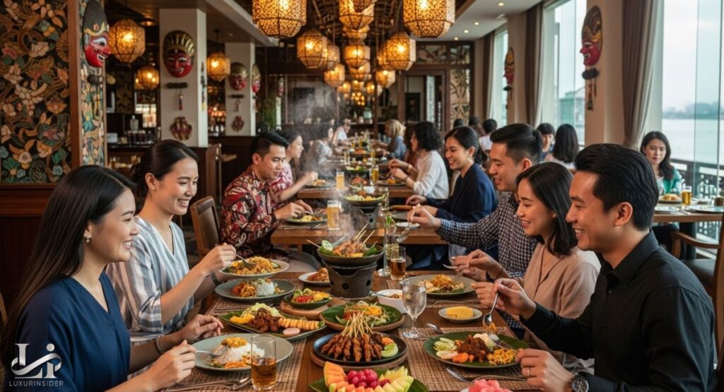 A lively and elegant dining room at Kintamani Indonesian Restaurant. A large group of people are seated at a long table, smiling and enjoying a shared meal. The table is filled with a variety of beautifully presented Indonesian dishes, including satay skewers, fried rice, and fresh fruit. The decor is warm, with wooden panels and traditional hanging lanterns, and there is a view of a river outside a large window.
