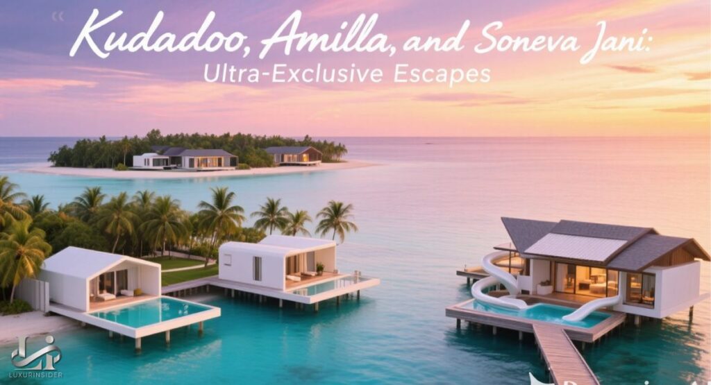 A composite image showcasing three ultra-exclusive Maldivian resorts. The left panel features Kudadoo, highlighting its sleek, sustainably-built overwater villas and their private infinity pools. The center panel displays Amilla, showing a unique Treetop Pool Villa nestled in the lush jungle canopy.