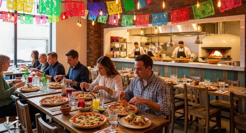 A group of people dining at a restaurant decorated with colorful Mexican flags, eating what appears to be a fusion of Mexican and Italian food. In the background, chefs are working near a wood-fired oven. The tables are filled with pizza and other dishes, along with drinks.