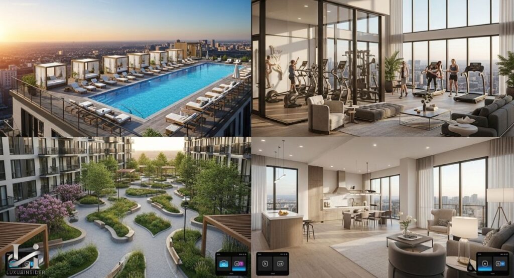 A collage of four images highlighting the luxury lifestyle benefits of living in an Orlando apartment. The top-left image shows a rooftop pool with a city view. The top-right shows a well-equipped fitness center. The bottom-left shows a beautifully landscaped outdoor courtyard. The bottom-right shows a spacious, open-concept living area.