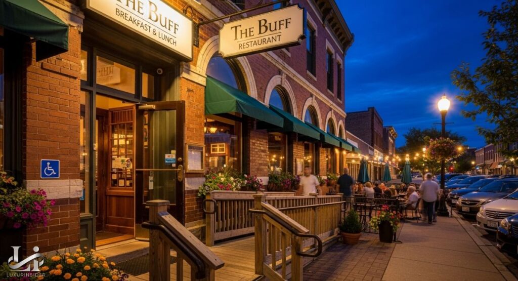 The exterior of "The Buff Restaurant" is seen at dusk. The building is a historic brick structure with green awnings and a sign. There is an outdoor patio with tables and people dining, and the street is lined with parked cars and a lit lamppost. The entrance is welcoming, with a wooden ramp and steps leading to the front door.