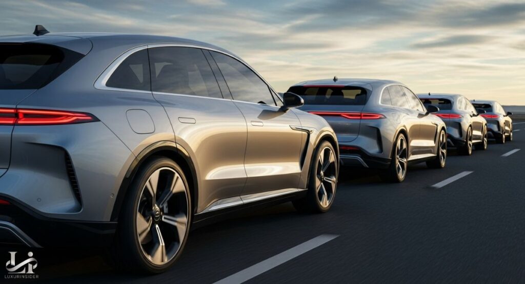 A cinematic, low-angle photograph showing a convoy of luxury electric SUVs driving on a wide, open road. The vehicles are the same model but vary in color, with a silver SUV in the foreground, and they stretch into the horizon, conveying a sense of long-distance travel.