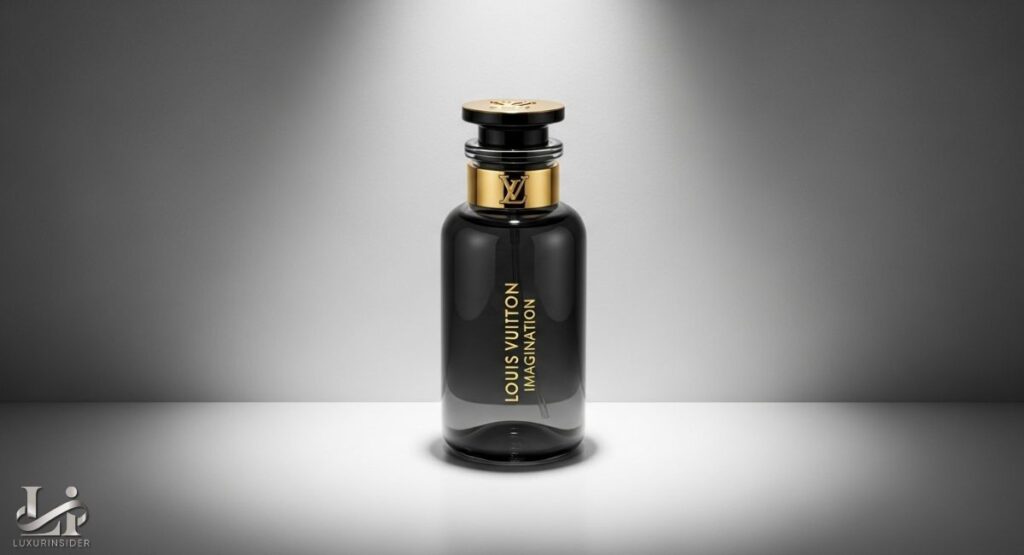 A dark glass bottle of Louis Vuitton Imagination perfume with gold accents and lettering is spotlighted against a gradient gray background.