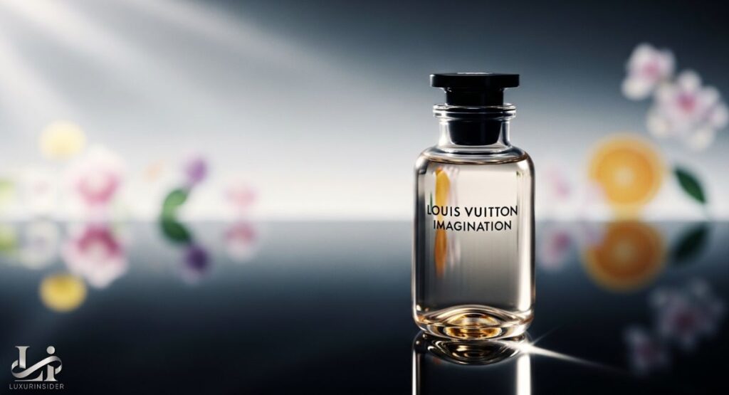 A clear glass bottle of Louis Vuitton Imagination perfume stands on a reflective dark surface with soft, blurred floral and citrus elements in the background.