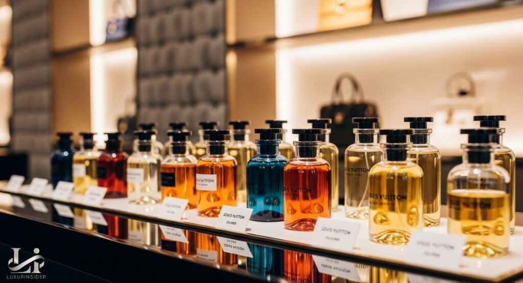 A close-up display of multiple Louis Vuitton fragrance bottles in a variety of colors—from clear and amber to blue and red—lined up in a store setting.
