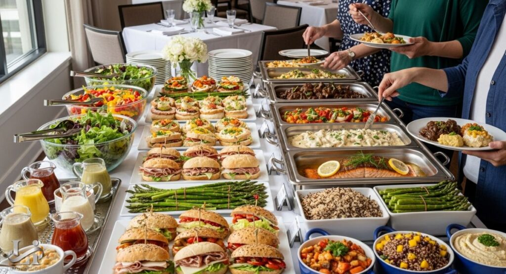 Great Plaza Buffet- A lavish buffet is spread out on long tables. People are serving themselves from a variety of dishes, including fresh green salads, assorted mini sandwiches, hot entrees like salmon, beef, and pasta, and side dishes such as quinoa, roasted asparagus, and various dips. The setting appears to be a formal dining room with large windows, set tables, and floral arrangements.