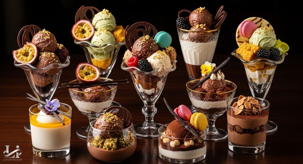 A wide variety of nine luxurious and meticulously decorated ice cream sundaes and desserts are presented on a dark wooden table. The desserts are in different glasses and bowls, with toppings like macaroons, fresh fruit, chocolate swirls, and edible flowers.