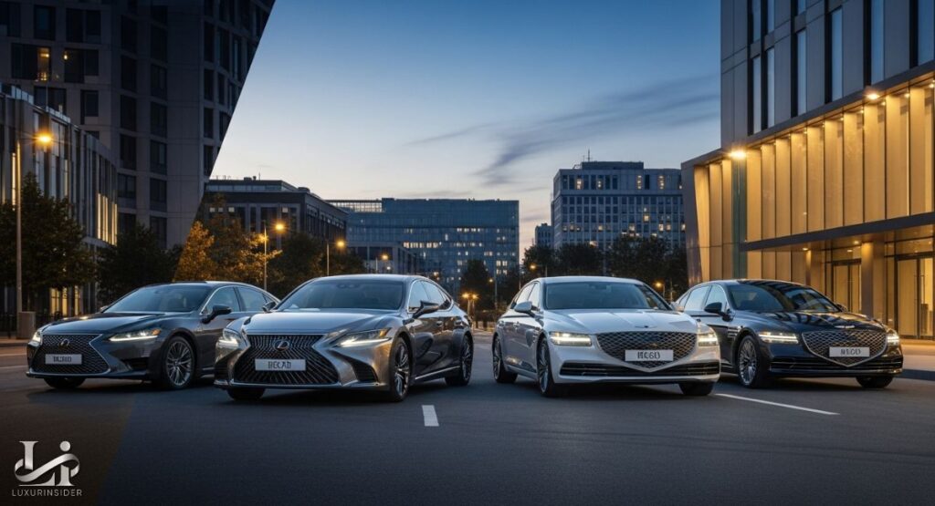 Four luxury sedans from Lexus and Genesis are arranged in a professional, nighttime city street photoshoot. The two cars on the left are a dark grey and silver Lexus, while the two on the right are a white and black Genesis. The cars are impeccably clean and positioned on a street with modern city buildings and streetlights in the background, highlighting their sleek, high-end designs.