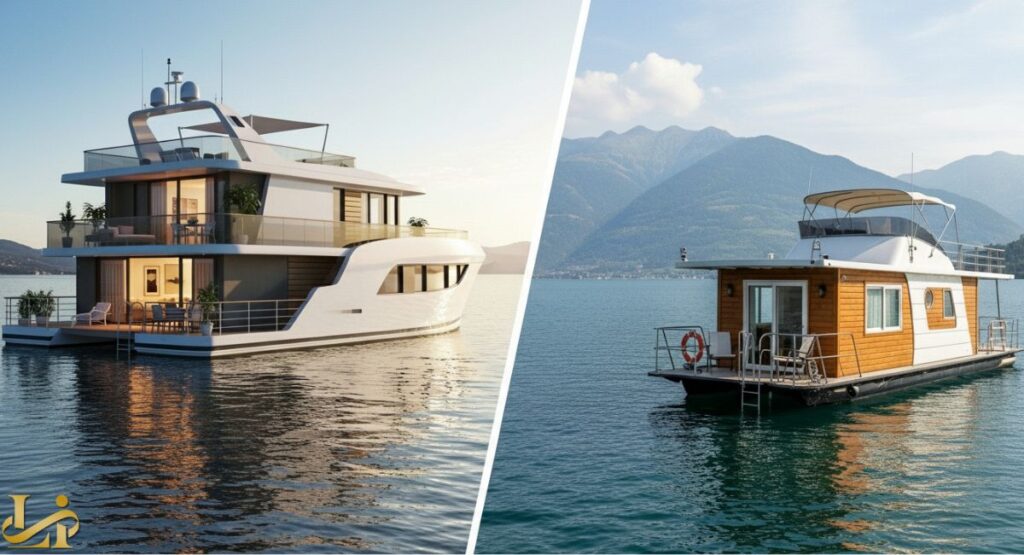 A split image comparing two styles of waterfront homes: the left shows a large, luxurious, modern, multi-story white yacht house with expansive glass windows and decks; the right shows a smaller, rustic houseboat with wood siding and a simple canopy on a lake surrounded by mountains.