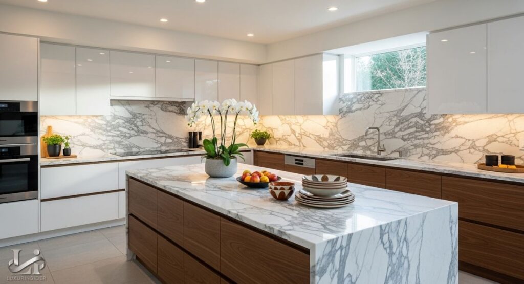 A wide view of a modern luxury kitchen with clean lines and high-end finishes. The kitchen features dark wood cabinets and white marble countertops and backsplash. There is a large center island with a sink and seating, and a stainless steel stove and refrigerator. The space is well-lit with modern pendant lights and large windows that open to a living area.