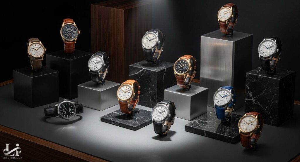 A high-angle, full-shot view of twelve luxury wristwatches displayed on various black and white marble and metal pedestals of different heights. The watches are arranged in a dynamic, scattered composition, with many watches having their dials facing the camera. The watches feature a variety of case materials, leather straps, and metal bracelets. The timepieces shown have a clean, classic aesthetic, with simple dials and minimal complications, emphasizing traditional design and craftsmanship. The Luxurinsider logo is visible in the bottom left corner.