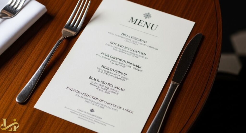 A close-up shot of an elegant white menu card for a yacht club restaurant, featuring menu highlights such as Dillatsoubou, Hot and Sour Catfish, Pork Chop with Rhubarb, Pickled Shrimp, Black-Eyed Pea Salad, and a Rotating Selection of Chicken on a Stick, placed on a dark wooden table next to a silver fork and knife.