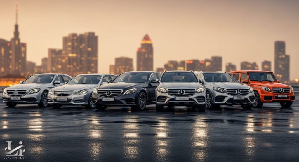 A professional photograph showcasing a used Mercedes-Benz sedan, such as a sleek E-Class or C-Class, and a versatile SUV, like a GLC, in pristine condition. The vehicles are presented in a clean, high-end setting, emphasizing their timeless design and well-maintained state, which makes them a compelling option for a pre-owned luxury car purchase.