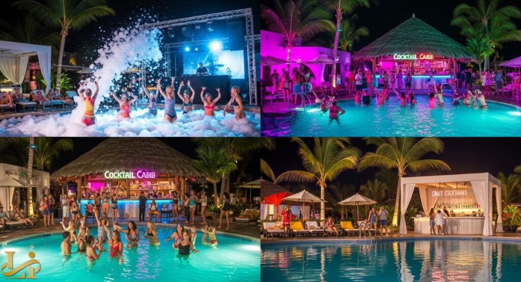 A four-panel collage showing vibrant nighttime activities at a resort, including a foam party and a pool party with a "COCKTAIL CABIB" bar, all brightly lit with colored lights.