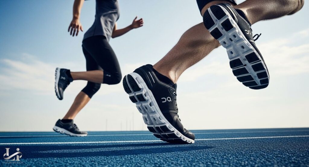 A split photograph featuring two pairs of "On" brand athletic shoes. The left side shows a pair of black Cloudzone shoes on a paved surface, and the right side shows a person wearing black Cloudpulse shoes walking or jogging on a red athletic track.