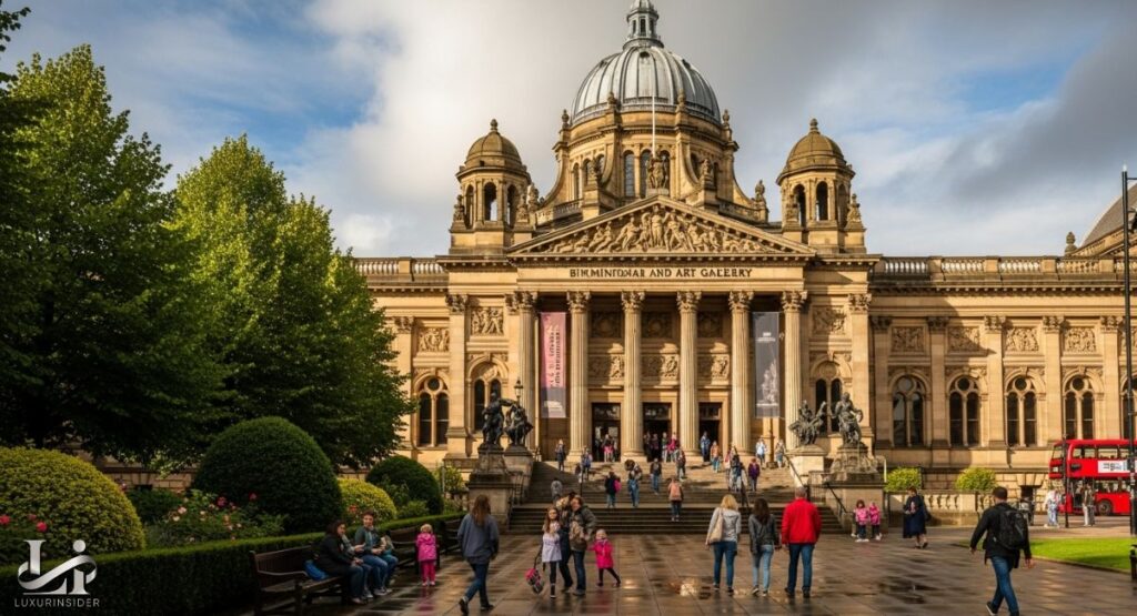 The grand, classical facade of a historic building, the Birmingham Museum and Art Gallery, is seen from the front. The building has a large central dome, tall columns, and ornate carvings, with a sign that reads "BIRMINGHAM ART GALLERY". People are walking up the steps and milling about on the plaza in front, where there are also landscaped bushes, trees, and sculptures. A red double-decker bus is partially visible on the right.