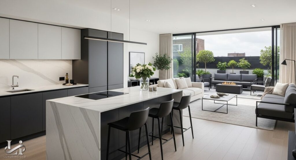 Luxury Kitchen - A bright and modern open-plan kitchen and living area with a large sliding glass door that opens to an outdoor patio. The kitchen features dark gray and white cabinets, a large island with a cooktop, and three bar stools. The living area is furnished with a white sofa, a black lounge chair, and a low coffee table. The outdoor patio is visible, with a fire pit and comfortable outdoor seating.