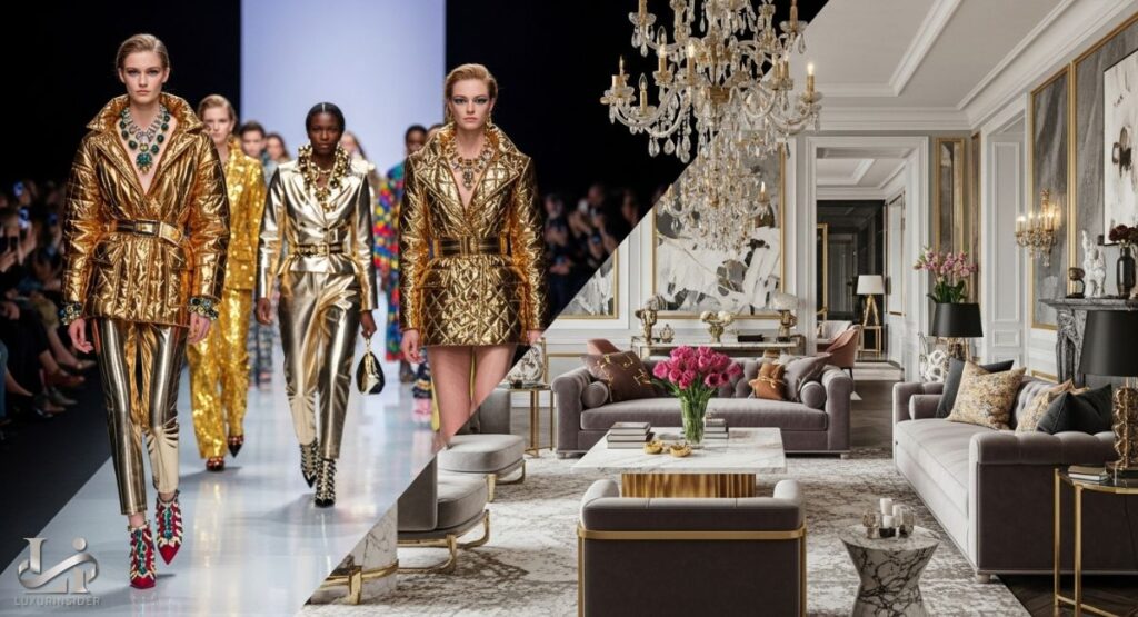 A composite image showing the Loud Luxury trend in both fashion and interior design. On the left, models on a runway are wearing shiny, gold, heavily textured jackets and dresses, accessorized with oversized, ornate necklaces. On the right, a luxurious living room interior is shown with rich, textured materials, including a velvet sofa, a crystal chandelier, and gilded decor, all of which create a glamorous and maximalist aesthetic.