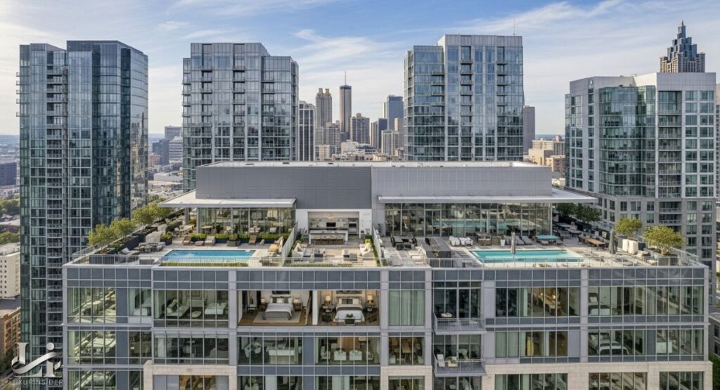 A view from above of a modern, multi-story luxury apartment building in Atlanta. The building features large, glass-paneled facades and two rooftop pools and seating areas. The interiors of several units are visible, showing large bedrooms with king-sized beds and modern, minimalist decor. The downtown Atlanta skyline is visible in the background.