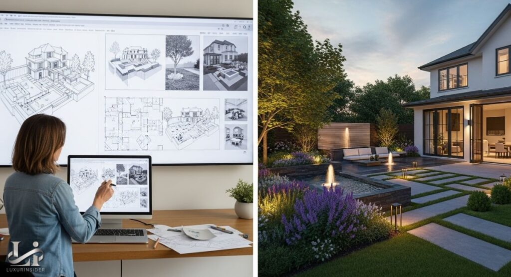 A split image illustrating a tailored landscape design process. The left side shows a designer working on a detailed digital blueprint and 3D renderings on a large screen, highlighting the planning stage. The right side shows a beautifully executed project, a modern backyard with a lit patio, structured garden beds, and water features at dusk, demonstrating the final result of the professional design.