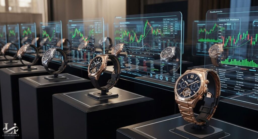 A high-tech showroom display of luxury watches, each on a black pedestal. In the background, transparent screens show live stock market charts and financial data, representing the link between the luxury watch market and corporate performance.