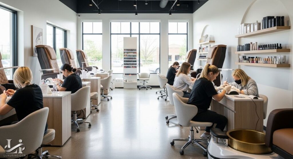 A wide view of a modern, spacious nail salon with white walls and dark-framed windows. The salon is bright, with multiple clients and technicians working at individual manicure stations and pedicure chairs. Shelves of nail polish bottles line the walls.