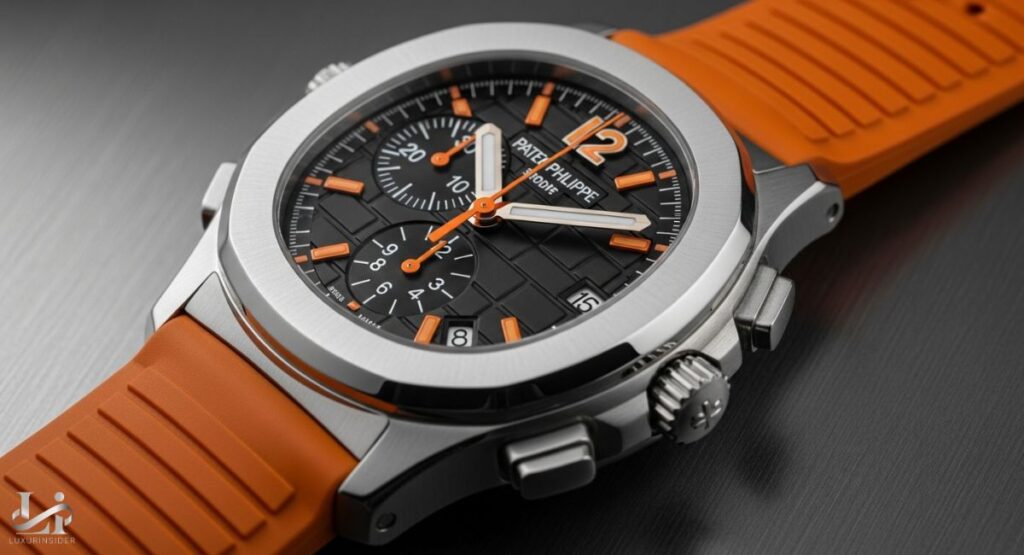 A detailed, angled close-up photograph of a Patek Philippe Aquanaut Chronograph watch. The timepiece features a stainless steel case with chronograph pushers, a black textured dial with orange applied numerals, and an orange rubber strap. The watch has a sub-dial at the 6 o'clock position and is known for its sporty and colorful design.