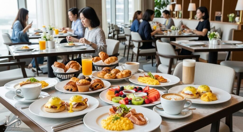 A bright, spacious hotel restaurant dining room is seen from a table, which is laden with a generous breakfast spread. The plates on the table feature a variety of delicious breakfast foods, including Eggs Benedict, scrambled eggs with sausages, a fresh fruit platter with berries, kiwi, and melon, and a basket of assorted pastries and croissants. People are seated at other tables in the background, enjoying their meals in a relaxed, well-lit environment with large windows.