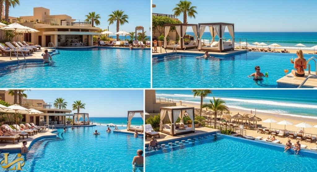 A four-panel collage showing the Riu Palace Baja California resort's oceanfront infinity pools, swim-up bar, private cabanas, and the direct access to the sandy beach and ocean waves.
