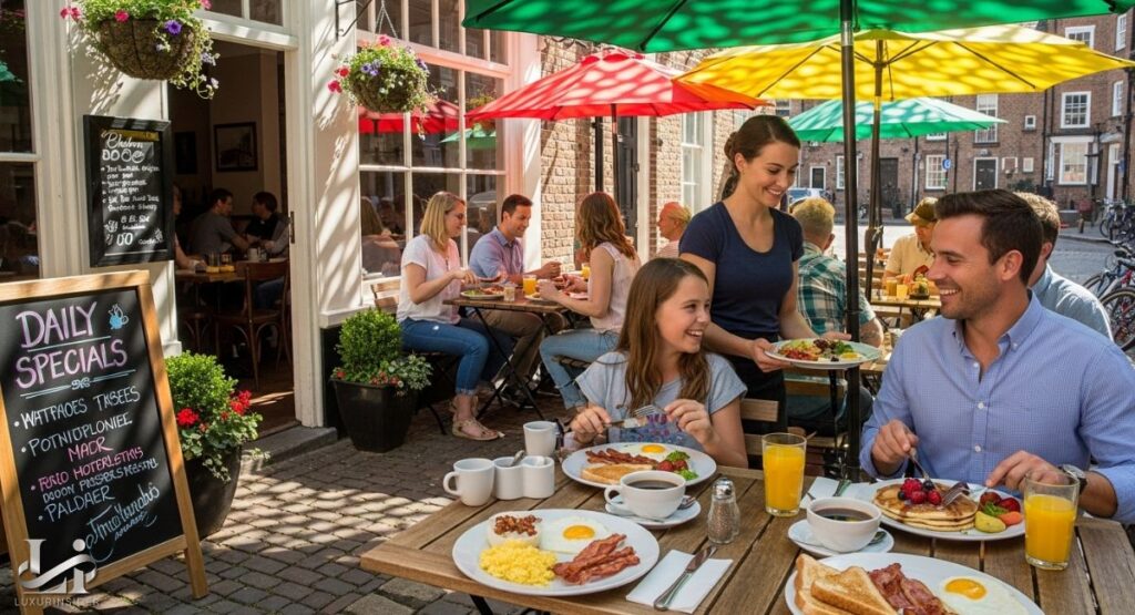 A family is enjoying a meal on a sunny outdoor patio of a charming cafe. A woman in a dark blue shirt, a server, is bringing a plate of food to the table. The family, which includes a man, a woman, and a young girl, are smiling as they eat breakfast, which consists of pancakes, eggs, and bacon. The setting is a bustling European-style street with other patrons and colorful umbrellas.