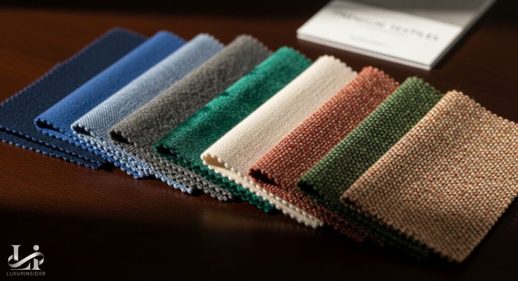 A close-up, angled shot of a fan-like arrangement of eight luxury fabrics. The swatches are in various colors and textures, including shades of blue, gray, green, beige, and brown. The edge of each swatch is visibly finished with a zigzag stitch.