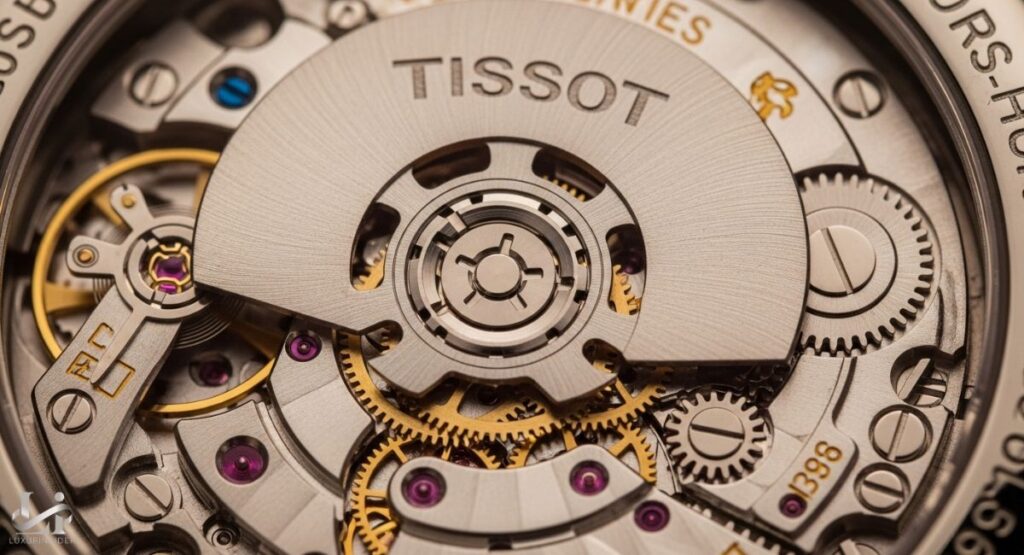 An extreme close-up photograph of an open Tissot watch, showcasing its mechanical Powermatic 80 automatic movement. The image highlights the intricate gears, red jewel bearings, and the rotor engraved with "TISSOT" and "80 HOURS."