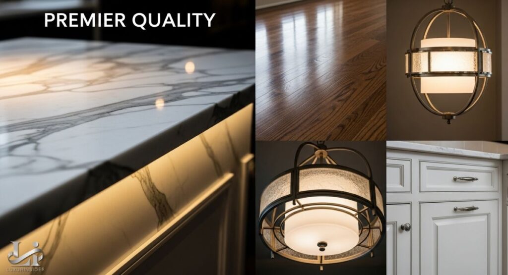 A photo collage with five panels showcasing different high-quality finishes and materials. The images feature a detailed view of a marble countertop with a light strip underneath, a polished hardwood floor, a modern light fixture with a metal cage, a close-up of a second light fixture, and a white kitchen cabinet with sleek metal handles.