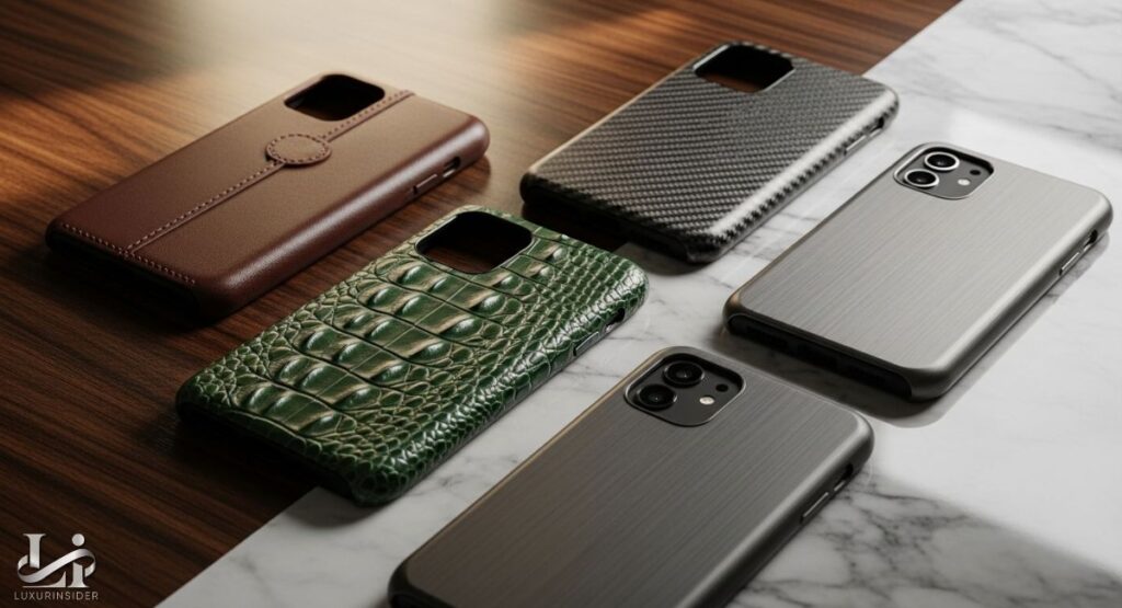 A collection of five Luxury phone cases displayed on a surface that is half dark wood and half white marble. The cases are in various materials and finishes, including brown leather, green crocodile skin, carbon fiber, and two cases with a metallic brushed texture.