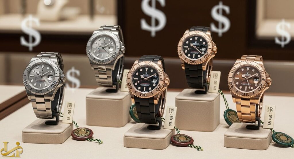 Five Rolex Yacht-Master luxury watches in various materials (steel, two-tone, and gold with an Oysterflex strap) are displayed in a retail setting on pedestals with price tags, under dollar sign ($) graphics.