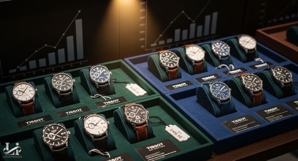 A professional photograph of multiple Tissot watches displayed in two trays, one green and one blue. The watches, including various models with leather straps and steel bracelets, have visible price tags. A graphic with a chart is in the blurred background.