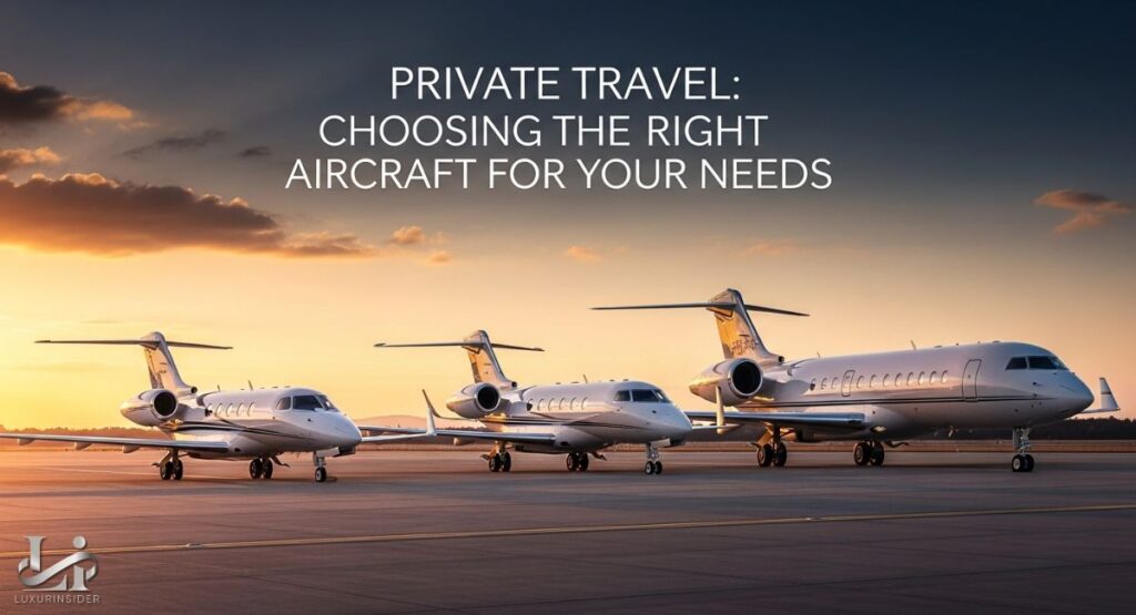 Three sleek, modern private jets of different sizes are lined up on an airport tarmac at sunset. The closest and largest aircraft is a Bombardier Global 6000 or similar large-cabin jet, followed by two smaller private jets. The sky is a warm gradient of orange and purple. The scene highlights the range of aircraft available for private travel.