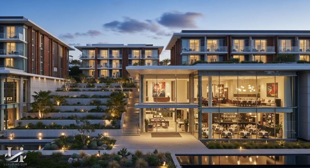An exterior shot of a modern, multi-level building complex at dusk. The buildings have multiple balconies and are connected by a grand staircase with terraced gardens. The complex features large, illuminated glass windows on the lower levels that reveal interior dining areas and lounge spaces. A reflective pool is in the foreground.