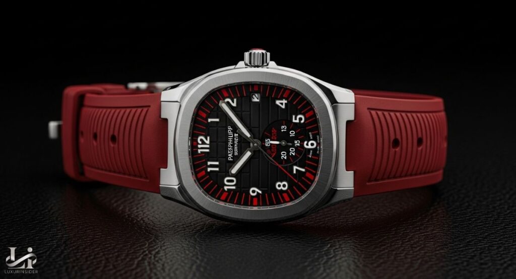 A front-facing, professional photograph of a rare, limited-edition Patek Philippe Aquanaut. The watch features a black textured dial with a distinctive grid pattern and striking red applied numerals and hands. The timepiece has a polished stainless steel case and is fitted with a vibrant red rubber strap that complements the dial's red accents.