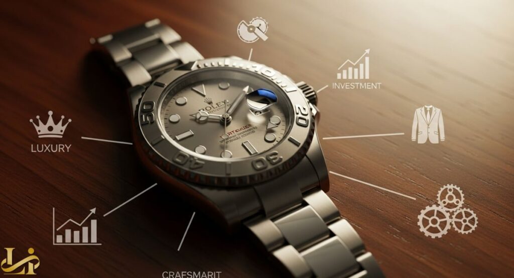 A close-up of a stainless steel Rolex Yacht-Master 40 with a rhodium dial, featuring an infographic that highlights its perceived benefits: Investment, Craftsmanship, Luxury, and Style (represented by a suit jacket).