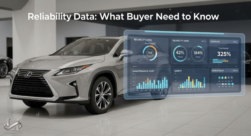 A transparent digital overlay with various graphs and charts hovers in front of the car, displaying data points for "Reliability," "Maintenance Cost," "Safety," and "Resale Value." The data for each metric is shown with different percentages and ratings.