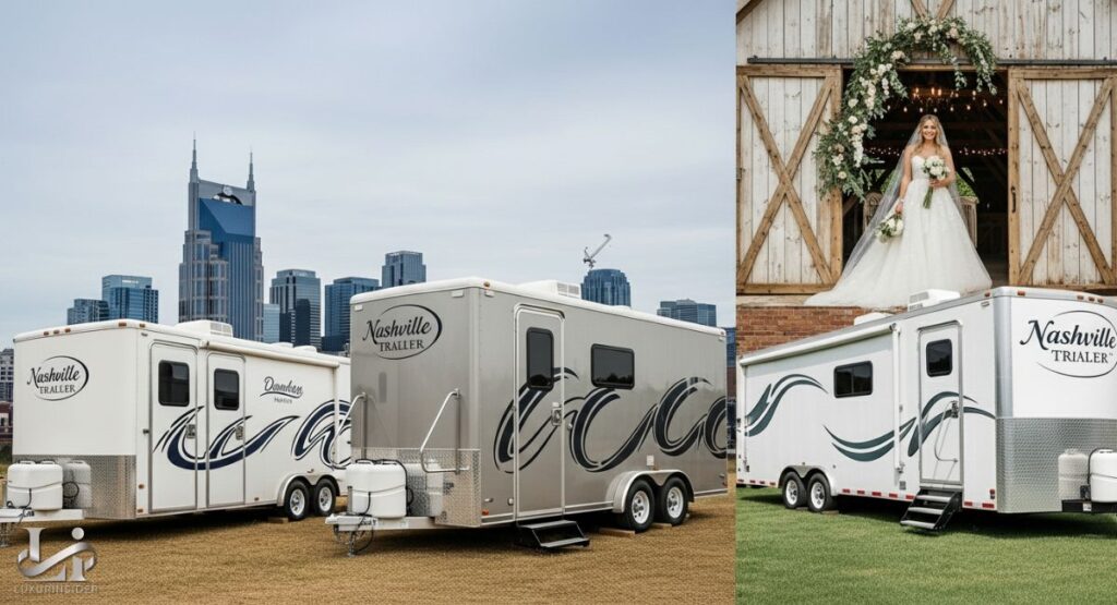 A split image showcasing luxury restroom trailers available for rent in Nashville. The left side features two "Nashville Trailer" branded units with the city's skyline in the background, while the right side shows a bride in a white wedding dress standing near one of the trailers at an outdoor wedding venue, demonstrating its use for special events.