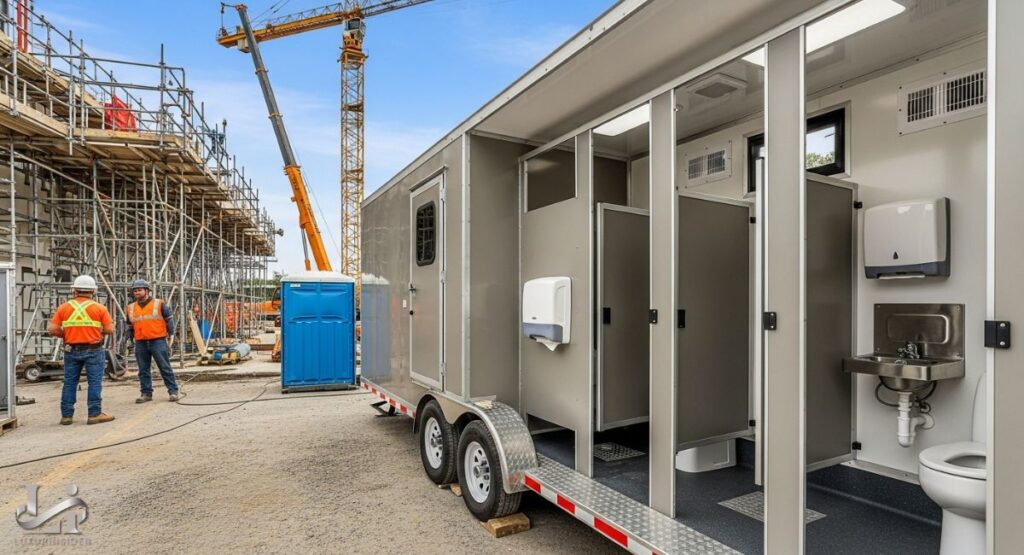 A practical, industrial-style restroom trailer is shown with its side open on a construction site. The trailer's interior, visible to the viewer, contains multiple stalls and a stainless steel sink.