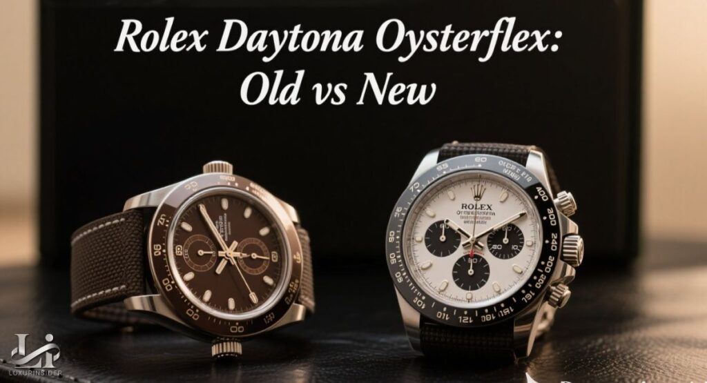 A side-by-side comparison of two Rolex Daytona models. On the left is an older model with a brown dial, shown on a fabric strap. On the right is a newer Rolex Daytona model with a white "panda" dial, featuring a black Cerachrom bezel and an Oysterflex bracelet. The watches are positioned on a dark surface, highlighting the subtle differences in their design.