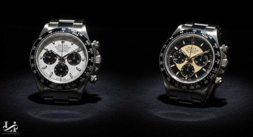 A side-by-side comparison of two iconic vintage Rolex Daytona watches. On the left is a "Zenith Panda" with a white dial and black sub-dials. On the right is a "Paul Newman Panda" with a black dial and light sub-dials, known for its distinctive sub-dial numerals. Both watches have a stainless steel case and bracelet.