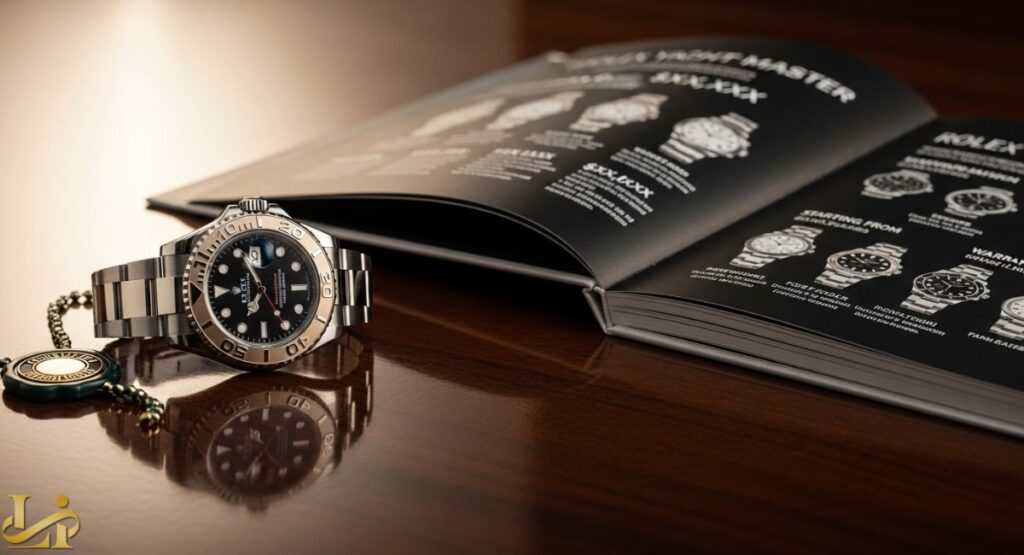 A close-up shot of a stainless steel and Everose gold Rolex Yacht-Master 40 with a black dial, displayed next to an open, black-and-white print buying guide or catalogue with text and images of various Rolex models.