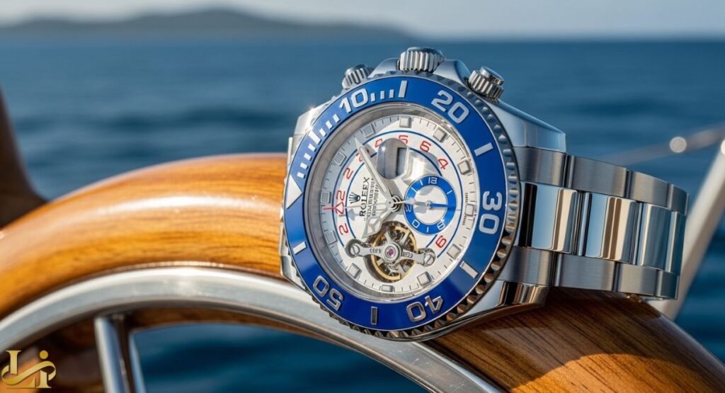 A close-up shot of a stainless steel Rolex Yacht-Master II regatta chronograph watch with a white dial and a prominent blue ceramic Ring Command bezel, sitting on a wooden boat steering wheel with the blue ocean in the background.
