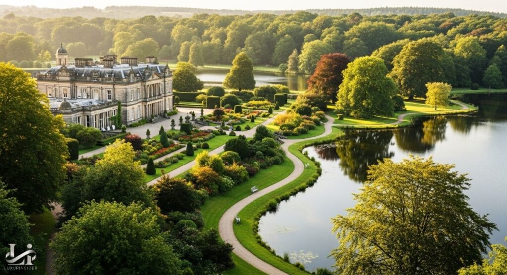 A professional photograph of Rudding Park, a stately, multi-story country house hotel with a classic stone facade. The building is surrounded by expansive, manicured green lawns and features a central fountain or water feature in the foreground under a sunny sky.