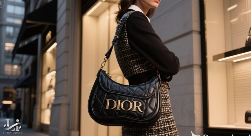 A stylish woman wearing a black and tweed outfit is carrying a black leather Dior Saddle Bag with gold hardware and the large 'DIOR' logo in front of a boutique window.