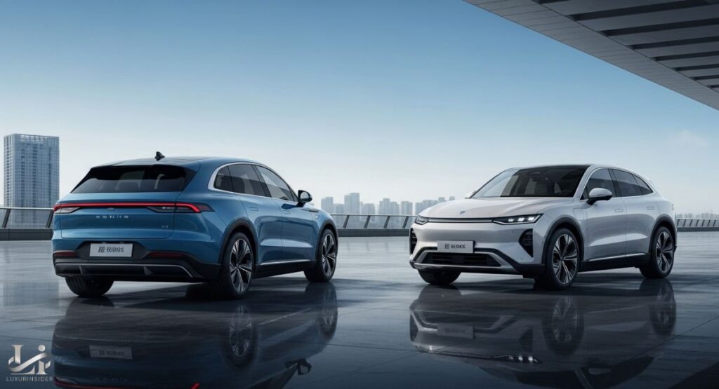 A professional photograph of two luxury electric SUVs, one light blue and one white, parked side-by-side on a reflective, polished surface. The background features a modern glass and steel building under a clear blue sky.